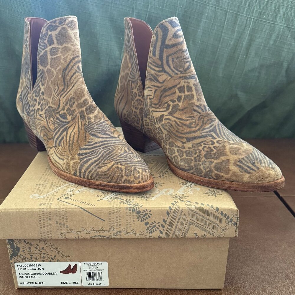 Free People Animal Charm Suede Double-V Bootie, Tan/Brown, 9.5 (39.5)